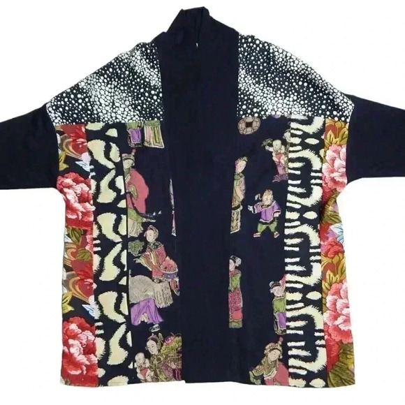 HARARI Oriental Print Open Cardigan Sweater Women's Size XS Colorful Art-to-Wear - Picture 3 of 10